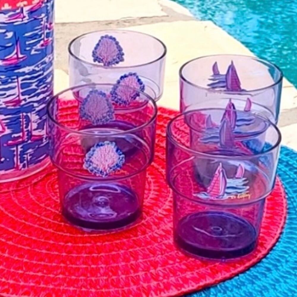 NWOB 4- Lilly Pulitzer Blue/Print Acrylic Boatylicious Beach Stackable Cup Set